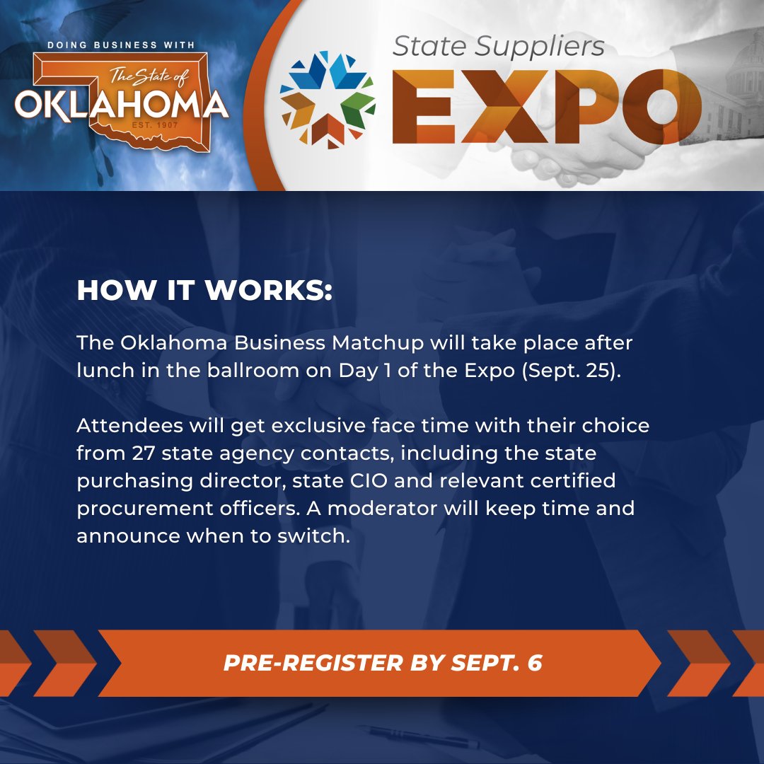OklahomaOMES's tweet photo. For this year’s State Suppliers Expo, we’re excited to introduce a new segment: Oklahoma Business Matchup.
Pre-registration is open now through Sept. 6. Learn more and secure your spot at https://t.co/KbjvGa46Co.
#OMES #StateYourBusiness #StateSuppliersExpo #OklahomaBusiness https://t.co/SaC3lrJcms