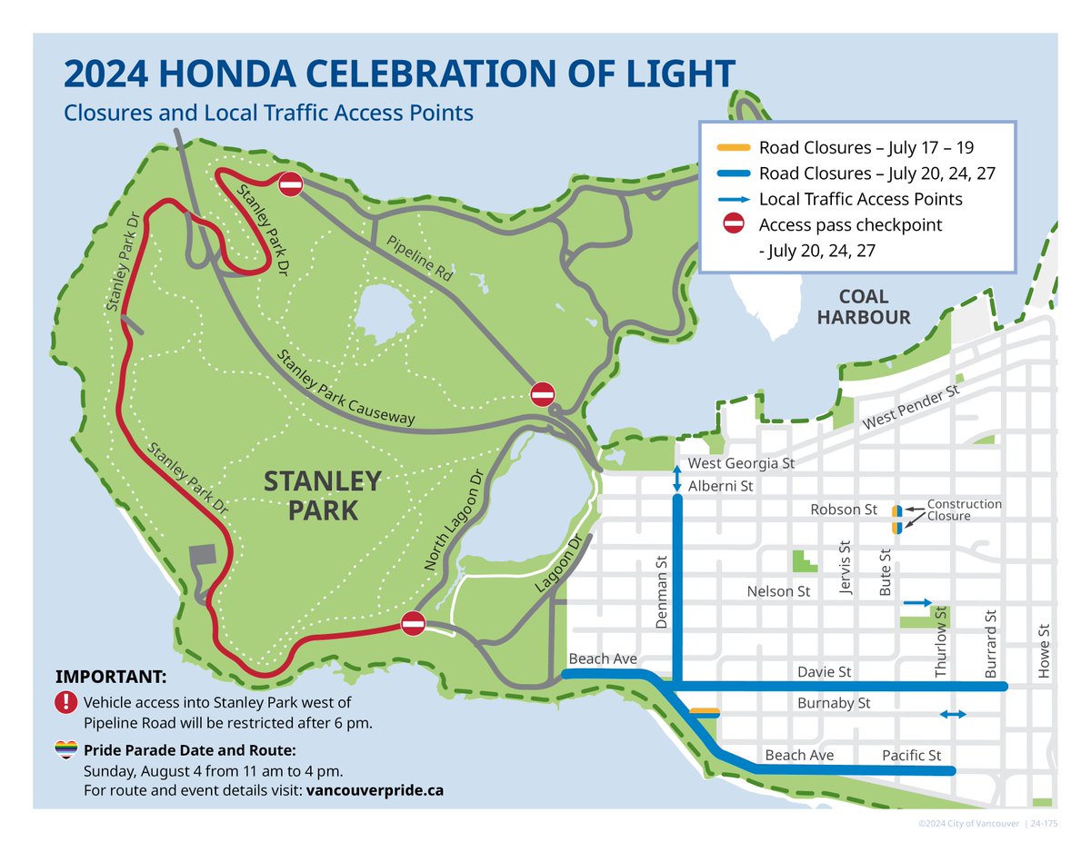 CityofVancouver's tweet image. Key reminders:

🚲Transit, walking and cycling are the best options for getting to and from the event. Check @translink for latest transit updates.
🚗Drivers, expect traffic delays in the West End and Kits Point. Access will be limited to residents with a local parking decal.
2/3