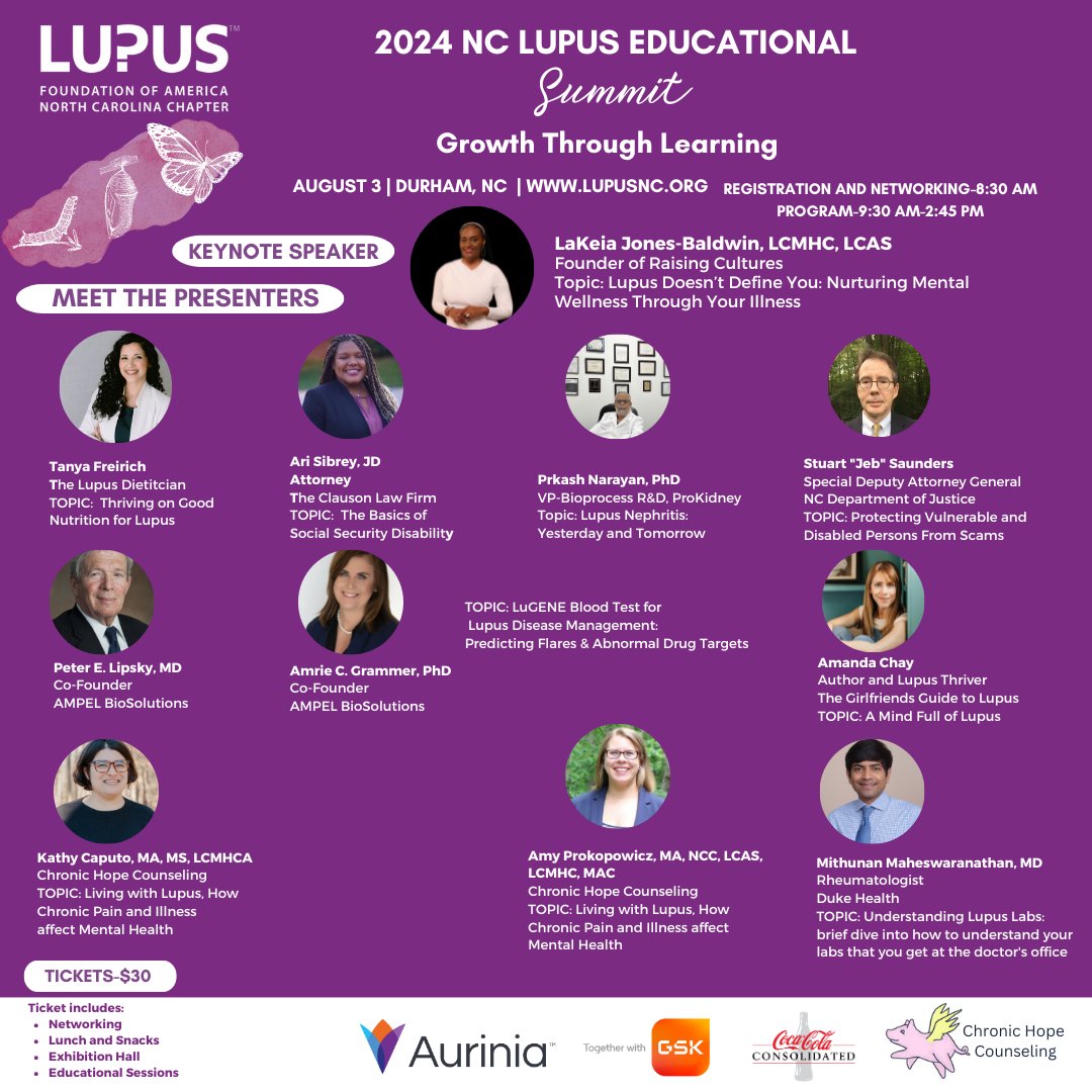Today is the last day to register for the 2024 NC Lupus Educational Summit on August 3. We look forward to seeing you there. REGISTER HERE ow.ly/f5Bk50Sxm3a