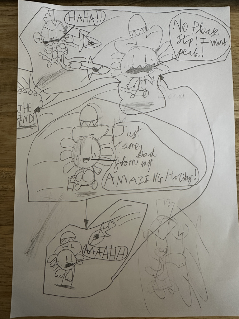 donmcgowan's tweet photo. @phoenixcomicuk | @jamiesmart 

What a brilliant event you put on today. The Boy very much enjoyed the draw along and Daniel the Axolotl.

Here's his strip called 'Poor Daniel'.

#phoenixfest https://t.co/nOi0zossN1