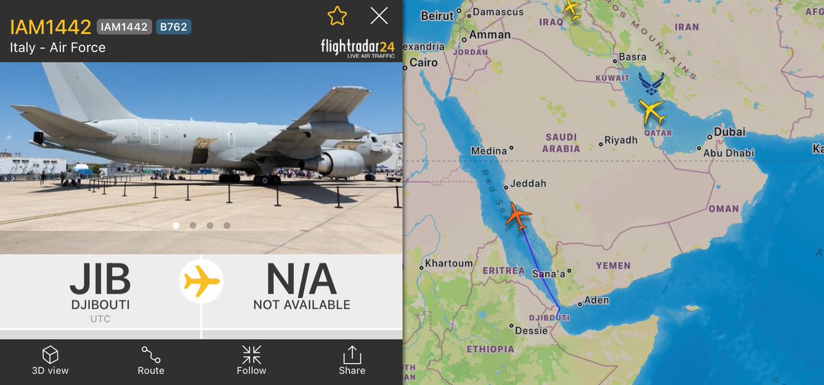 MenchOsint's tweet photo. The Italian Air Force Refueling aircraft has not helped in the agression on Hodeidah, it has been doing trips to Djibouti, flying over the Red Sea, since years and we've seen it regularly in the last 10 months. https://t.co/oIb0NvrOmL
