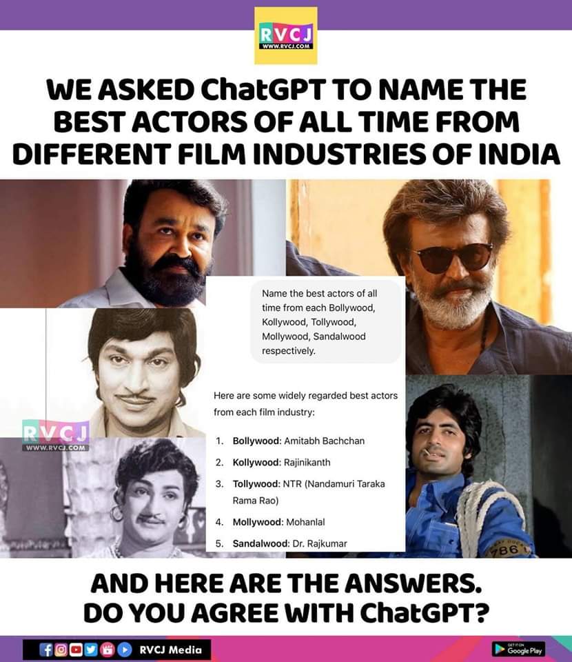 rvcjmovies's tweet photo. These actors 🔥
#amitabhbachchan #rajinikanth #ntr #mohanlal #drrajkumar #chatgpt https://t.co/un0JbtGcHS