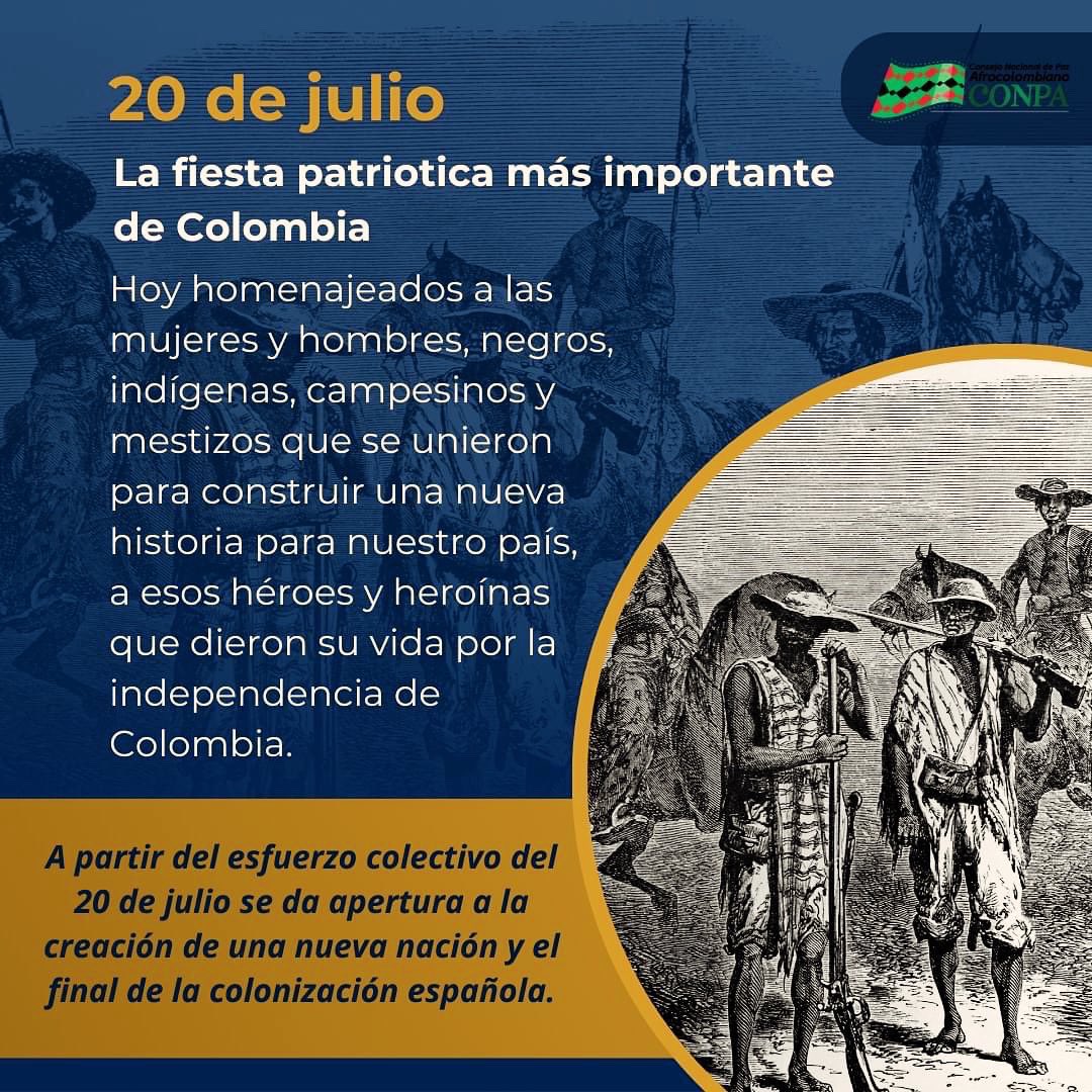 Conpa_paz's tweet photo. 🙌🏾🇨🇴#CONPA || 20 de julio Día de la independencia de Colombia.
Hoy homenajeados a las mujeres y hombres, negros, indígenas, campesinos y mestizos que se unieron para construir una nueva historia para nuestro país, a esos héroes y heroínas que dieron su vida por Colombia.🇨🇴🙌🏾✨ https://t.co/FdCXC3kigD