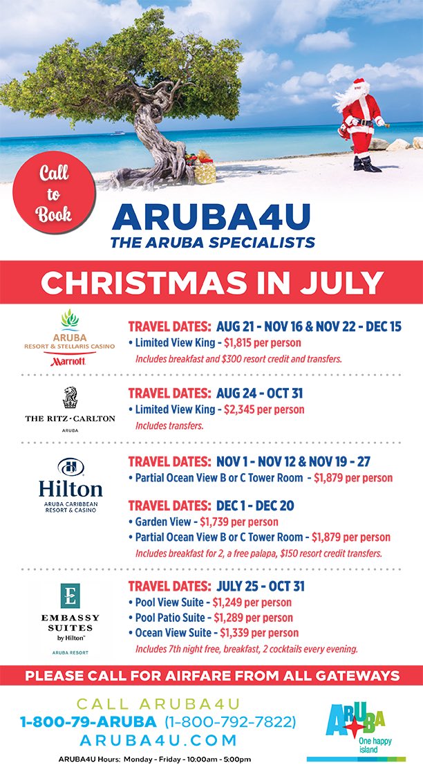 Christmas in July...Amazing #Aruba Hotel Deals + Extras. Call to Book.
 - mailchi.mp/aruba4u/christ…
#arubatravel #arubahotels #traveldeal