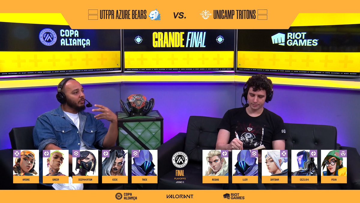 A nossa Grande Final de VALORANT já começou por aqui! 🔥

<a href="/andrecanedo_/">André</a> e <a href="/Skeattt/">Alexandre Trevisan</a> comanda o show de hoje.

<a href="/azure_bears/">Azure Bears</a> e <a href="/UnicampTritons/">Unicamp Tritons</a> disputam o troféu, confira o draft para a primeira partida da MD3👇