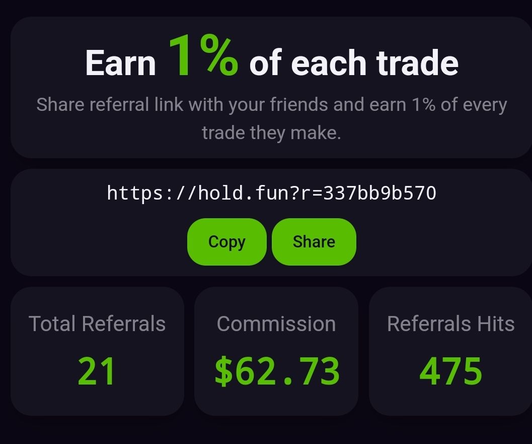 I have been an investor and supporter in <a href="/HoldDotFun/">Hold.fun</a> from the start, and they have shown incredible growth for the past 1 month!

Website: hold.fun/?r=337bb9b570

I really suggest using their referral program, this is my result of grinding referrals for 1 week: