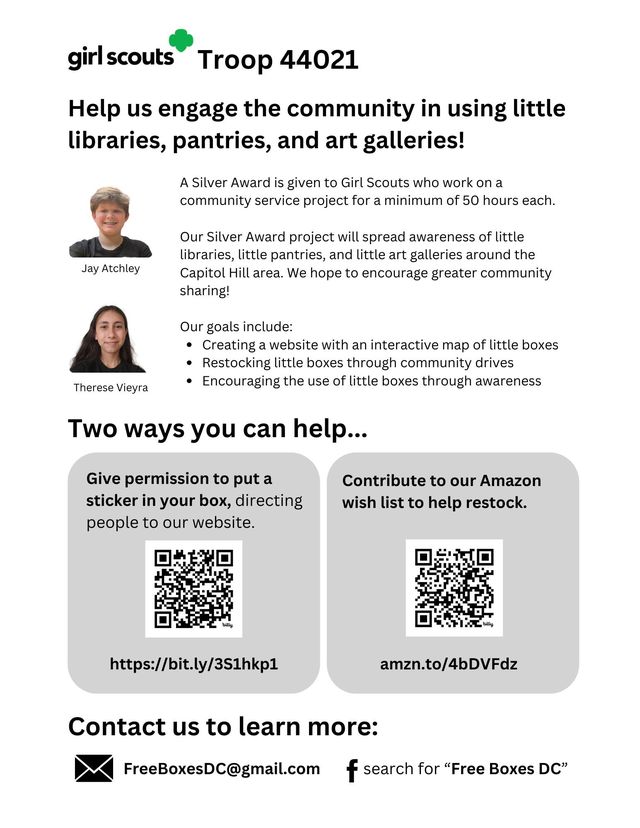 FreeBoxesDC's tweet photo. Our Silver Award Project is a community service project where we will spreading awareness of community little libraries, little art galleries, and little pantries. Learn more about our project on Facebook here https://t.co/fGVYTXCWwh.
#LittleLibraries #CapitolHill #GirlScouts https://t.co/EVjAMNJfdG