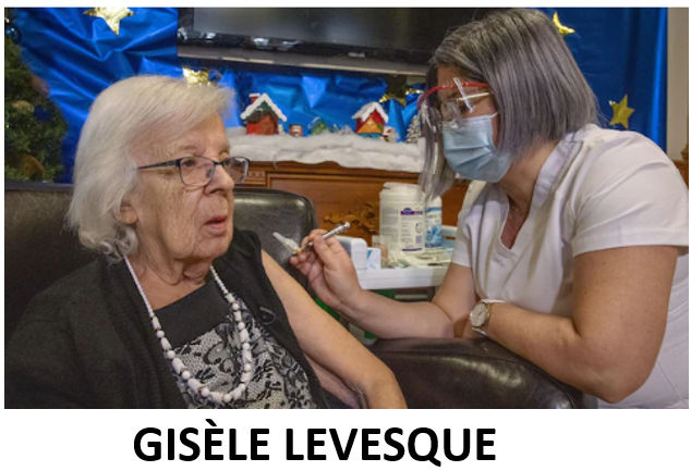 AmalegaFrancois's tweet photo. Le 14 décembre 2020 Gisèle Levesque 89 ans est la première personne au Canada à recevoir un vaccin contre la covid-19. Elle a reçu le vaccin Pfizer-BioNtech au CHSLD Saint-Antoine de Québec.
  2 semaines plus tard elle contractait la Covid-19 et 6 mois plus tard le 28 juin 2021 elle est morte.