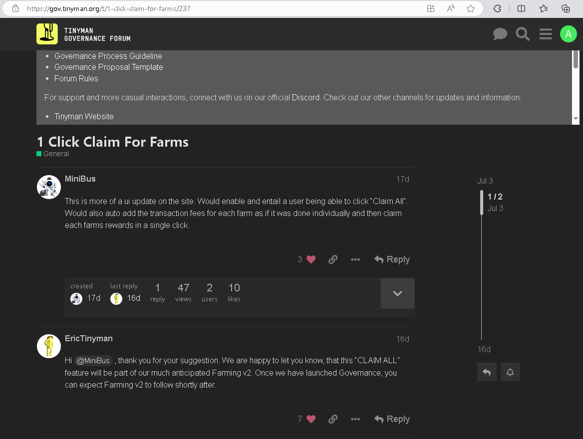 algotables's tweet photo. Some nice updates are coming to @tinymanorg, including a 'Claim All' button and new filter options in Farming v2. Source: Tinyman Governance Forum #Algorand #algofam $ALGO https://t.co/l4XiMSRsMu