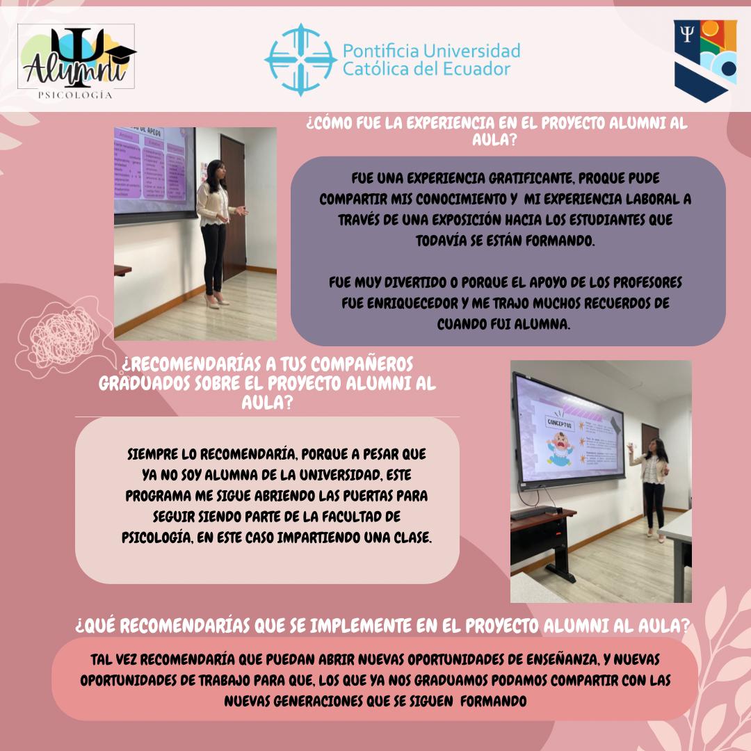 psicopuce's tweet photo. 🎓¡Es emocionante ver cómo nuestra Alumni Diana Ponce regresan a las aulas para inspirar a las próximas generaciones! Agradecemos a la Mtr. Alexandra Serrano por su contribución en #AlumniAlAula #AlumniPsicologíaPUCE. https://t.co/UfBQ4kgsDd