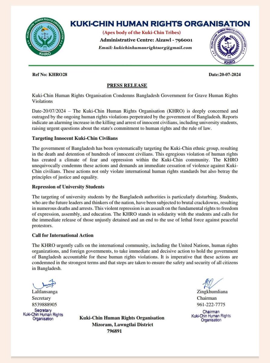 mangkoo_'s tweet photo. Kuki-Chin Human Rights Organisation condemns Bangladesh Government for grave human rights violations.

@UN @UNHumanRights @hrw @UN_HRC @CRYINDIA @LegalLro @HRC 
@UNGeneva @DrSJaishankar @volker_turk 

#Bangladesh #Manipur https://t.co/coO3EgZfqC