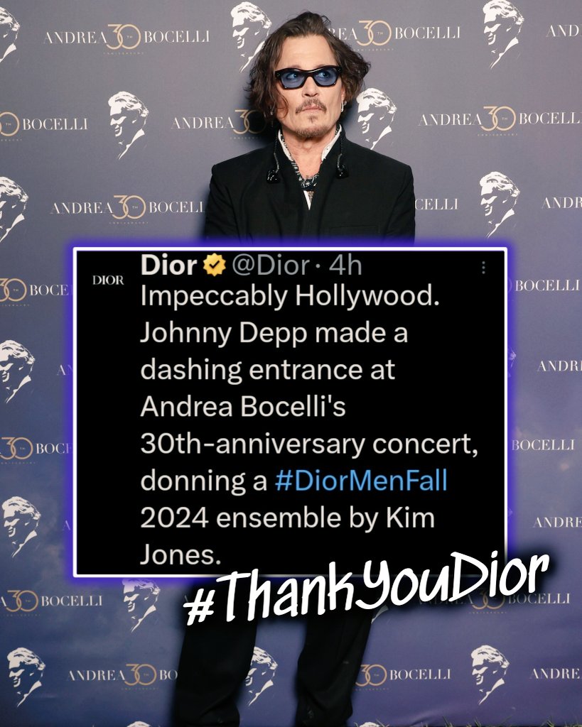 deppbrazilfc's tweet photo. ✨️ Johnny Depp donning a "Dior Men Fall 2024" ensemble at the Andrea Bocelli concert.

Can I get 100 replies with #ThankYouDior, Deppheads?

@Dior 🙏❤️ https://t.co/3SKlwYoBn0