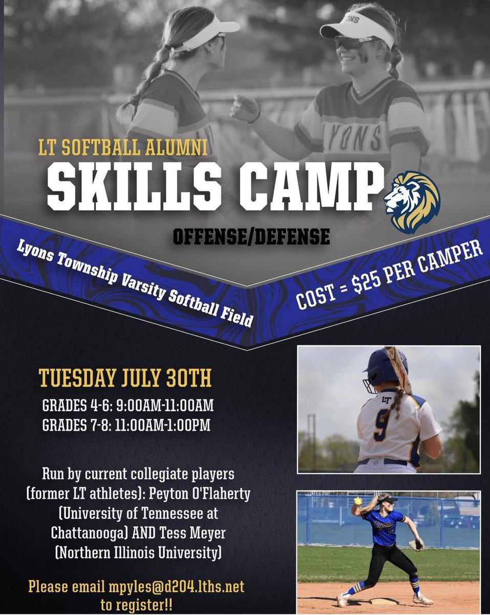 Two of our LT Softball alumni will be hosting a skills camp this upcoming Tuesday, July 30th! You don’t want to miss out on an opportunity to learn from two of LT Softball’s greats! Sign up ASAP by emailing Coach Pyles at mpyles@d204.lths.net 

See you there!