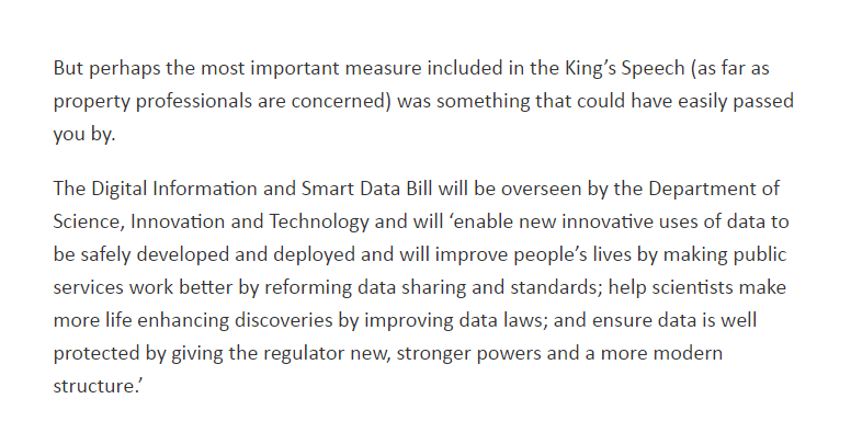 owenboswarva's tweet photo. Why are we waiting? Delays are suffocating … https://t.co/Pr1BhnI86M
Article with comments from @OpenPropData chair, enthusiastic about the #DISDBill.
I'm not so sure #smartdata plans in the Bill will help improve the homebuying process, but we'll see.
#conveyancing #proptech https://t.co/h3m8O6TLWs