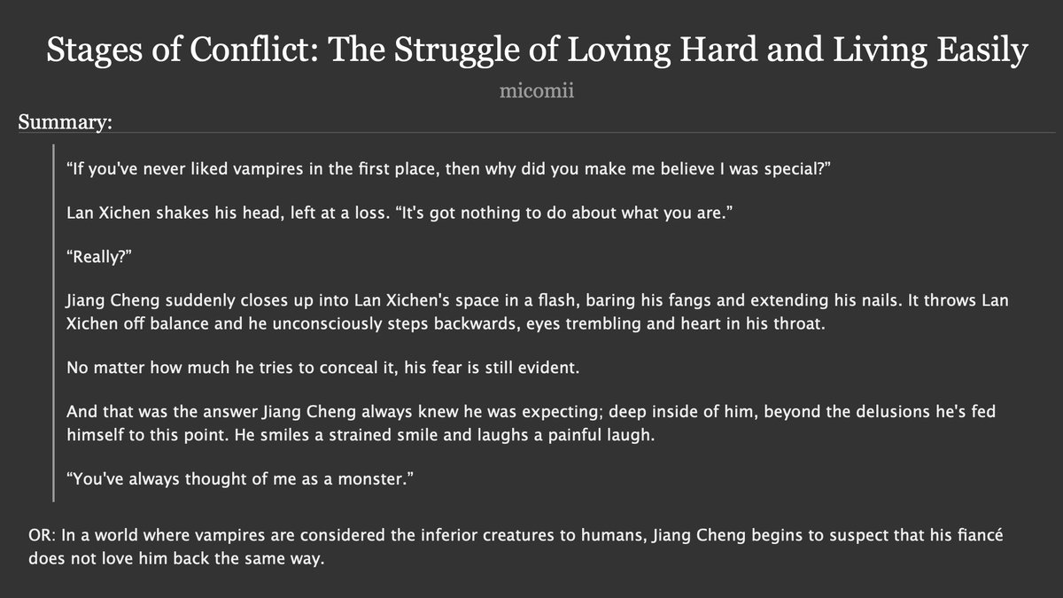 dreamyycecilia's tweet photo. 💜Stages of Conflict💙

- Rated T
- vampire! Jiang Cheng x human! Lan Xichen
- 18.7k words
- Prompt by @_cattpriv for @MDZSaction!! I am so so SO sorry that this is so late and for causing such a long wait QwQ regardless, thank you for your donation!!

🔗: https://t.co/56Ei0HVGIG https://t.co/kVQiEJjG0I