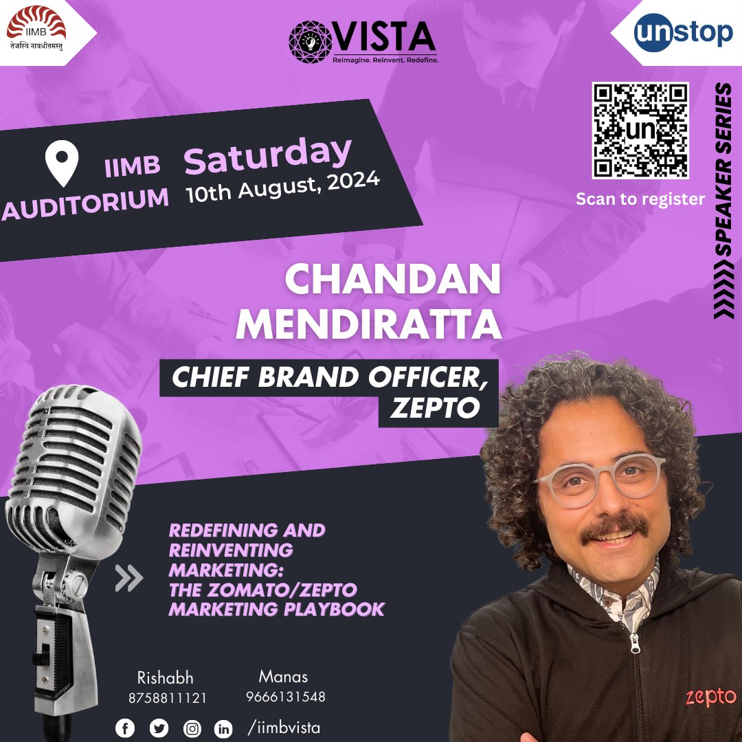 🚀 Get ready to be inspired by <a href="/ChandanMendi/">Chandan Mendiratta</a> at VISTA 2024's Speaker Series! With over 18 years of experience in sales and marketing, Chandan, the Chief Brand Officer at Zepto, will share the secrets behind the success of Zomato and Zepto.
🌟 #VISTA2024 #SpeakerSeries