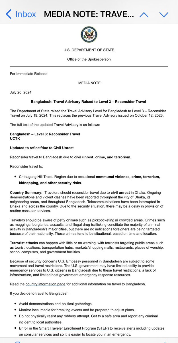 MushfiqulFazal's tweet photo. The @StateDept declared the Travel Advisory Level for Bangladesh to Level 3 https://t.co/sAI4idEUtx