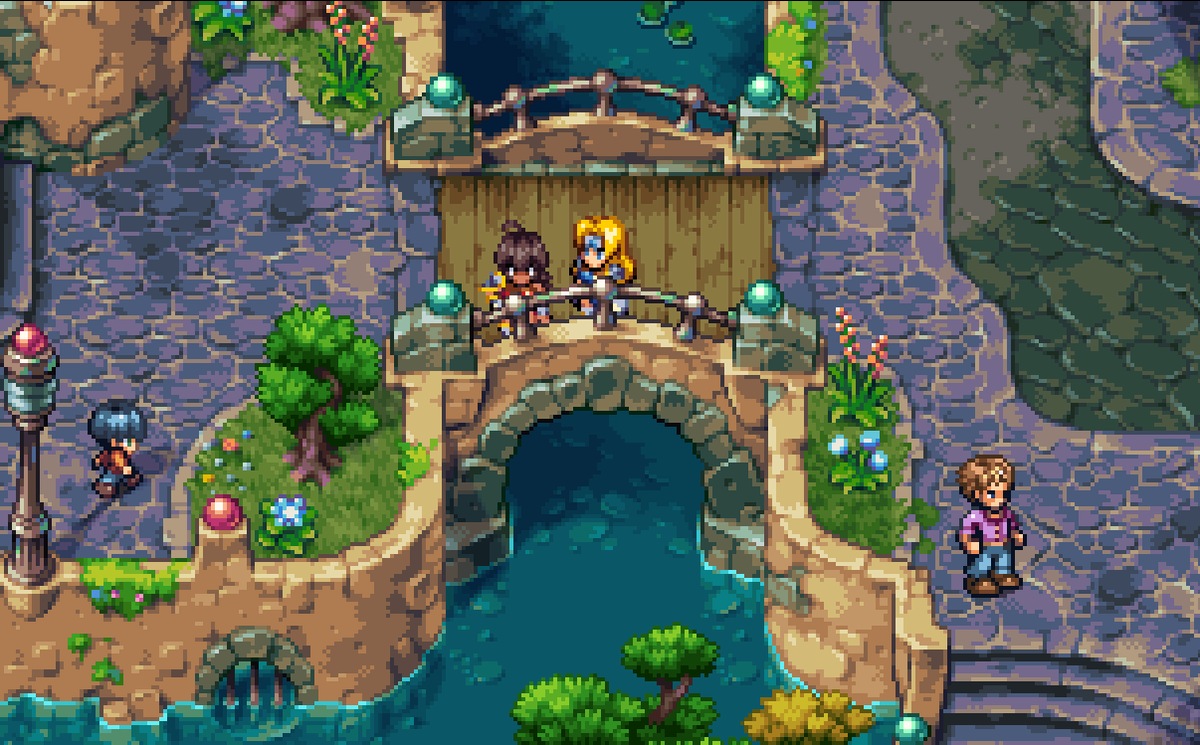Adanna and Ruby enjoying the view from the bridge in Godshard Chronicles for #screenshotsaturday 

#PixelArt #ドット絵 #indiegame