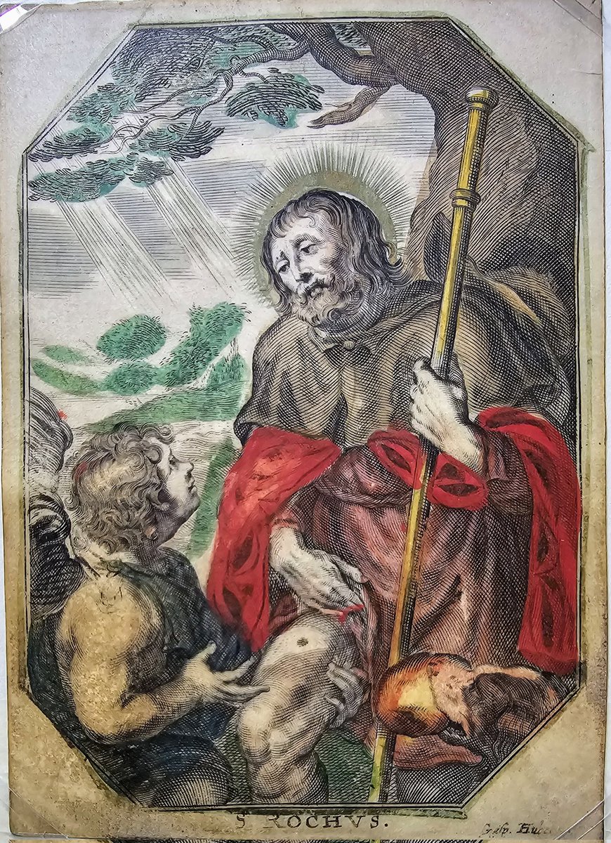 So busy cataloging our collection of #Devotional #prints, including this one: Saint Rochus, seventeenth century, engraved by G. Huberti, hand colored and printed on parchment.
#devotieprenten 
<a href="/reli_erfgoed/">Religieus Erfgoed</a> 
@RuusbroecInst 
<a href="/arsgraphica/">Ars Graphica</a> 
#culture 
#heritage