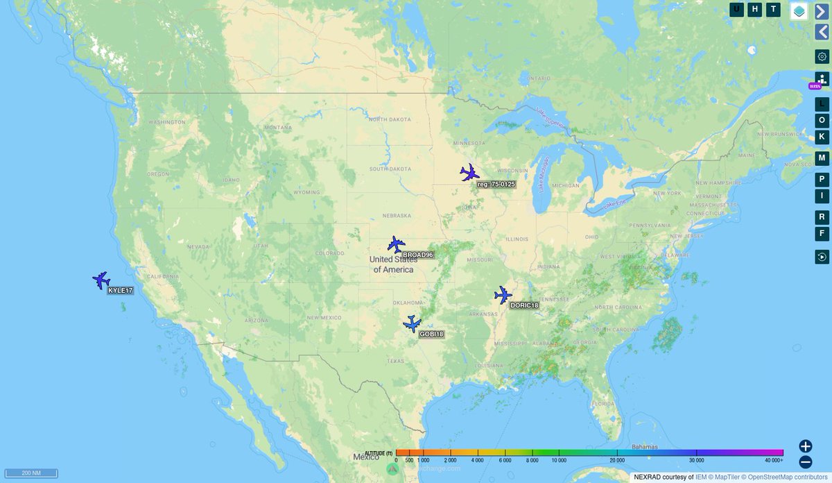 TheIntelFrog's tweet photo. There are 4 US Navy E-6B Mercury and 1 US Air Force E-4B National Airborne Operations Center active at 1634z. The E-6s are all out of Tinker AFB, OK and the E-4B is operating from Wright Patterson AFB, OH.
E-4B
#ADFEB6
E-6B
#AE040D as BROAD96
#AE040E as DORIC18
#AE0415 as KYLE17
#AE041B as GOBI18