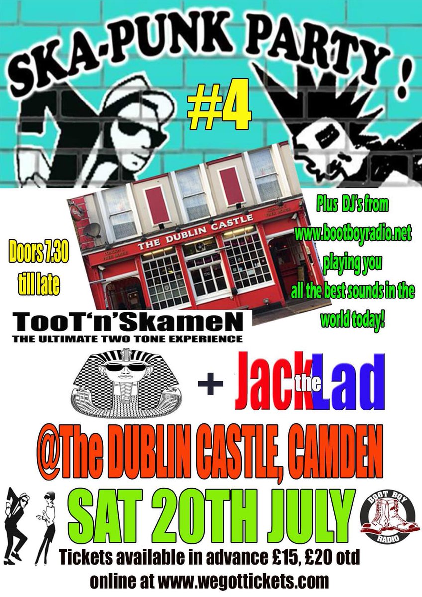 Tony Gleed (@tonybugbear) on Twitter photo <a href="/DublinCastle/">The Dublin Castle</a> Sat 20 July ska punk party ahoy <a href="/tootnskamen/">Toot 'n' Skamen</a> JacktheLad & DJs from BootBoyRadio then me til late
Toot ‘N’ Skamen – superb ska/reggae/2tone collective Jack The Lad – proper street punk kick ass gear Cheap <a href="/WeGotTickets/">WeGotTickets</a> <a href="/BugbearMusic/">Bugbear Promotions</a> <a href="/ReggaeSka_Music/">Reggae & Ska Music</a> <a href="/NewWaveAndPunk/">PunkAndNewWave</a> <a href="/DublinCastle/">The Dublin Castle</a> Sat 20 July ska punk party ahoy <a href="/tootnskamen/">Toot 'n' Skamen</a> JacktheLad & DJs from BootBoyRadio then me til late
Toot ‘N’ Skamen – superb ska/reggae/2tone collective Jack The Lad – proper street punk kick ass gear Cheap <a href="/WeGotTickets/">WeGotTickets</a> <a href="/BugbearMusic/">Bugbear Promotions</a> <a href="/ReggaeSka_Music/">Reggae & Ska Music</a> <a href="/NewWaveAndPunk/">PunkAndNewWave</a>