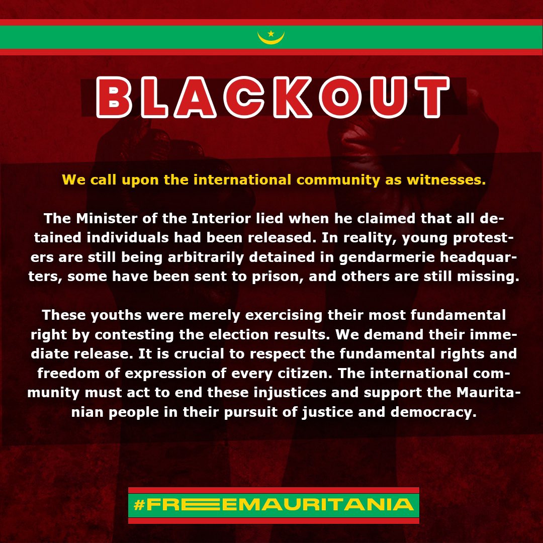 mauritanielibre's tweet photo. Exigeons Justice pour les Jeunes Détenus en 🇲🇷
•
Demand Justice for 🇲🇷’s Detained Youth 

#FreeMauritania #FreeMauritanie https://t.co/fdpPK1jRAz