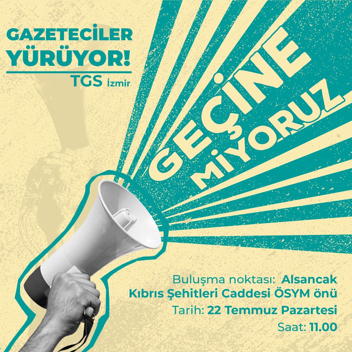 TGS_org_tr's tweet photo. 📢Gazeteciler Yürüyor !

Yüksek enflasyon, düşen satın alma gücü ve adaletsiz vergi politikası nedeniyle milyonlarca yurttaş gibi geçinemiyoruz.

İzmirli meslektaşlarımız, şubemizin çağrısıyla bir araya gelecek ve adil ücret talebimizi bu kez de meydanlara taşıyacak.

Haklı mücadelemiz diğer şehirlere de yayılacak 💪

#BirlikteGüçlüyüz
#Geçinemiyoruz