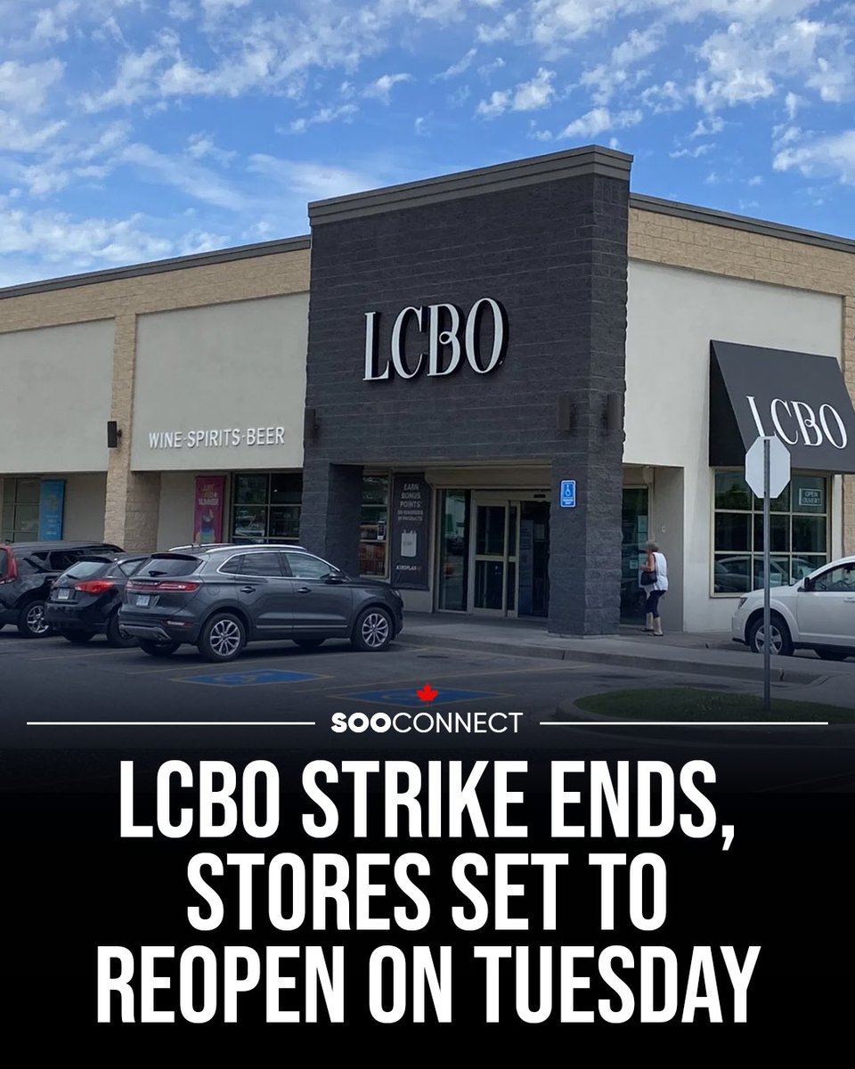 sooconnect's tweet photo. The LCBO has reached a tentative agreement with the Ontario Public Service Employees Union (OPSEU), ending the strike that began two weeks ago.
•Stores Reopening: LCBO stores will reopen to the public on Tuesday.
#sooconnect #saultstemarie #ilovethesoo #lcbo #strikeends https://t.co/q5Bc8FTcoz