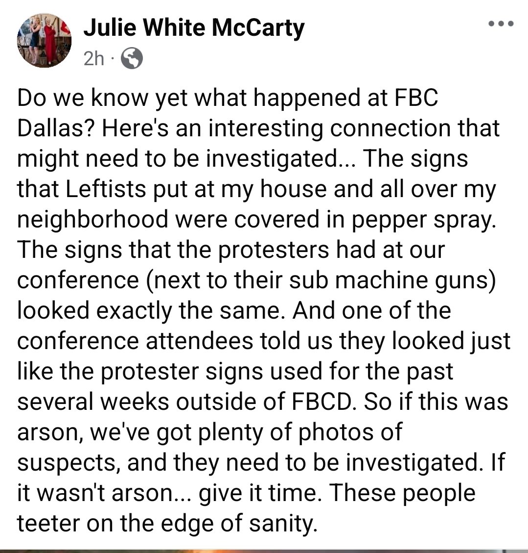 TrueTXProject's tweet photo. #FBCD First Baptist Dallas had a protester who regularly stood out by the church with the same type of yellow signs that the protesters carried at our conference. Not saying it was arson, just interesting. 🤷♂️ https://t.co/7V1J3p0Nid