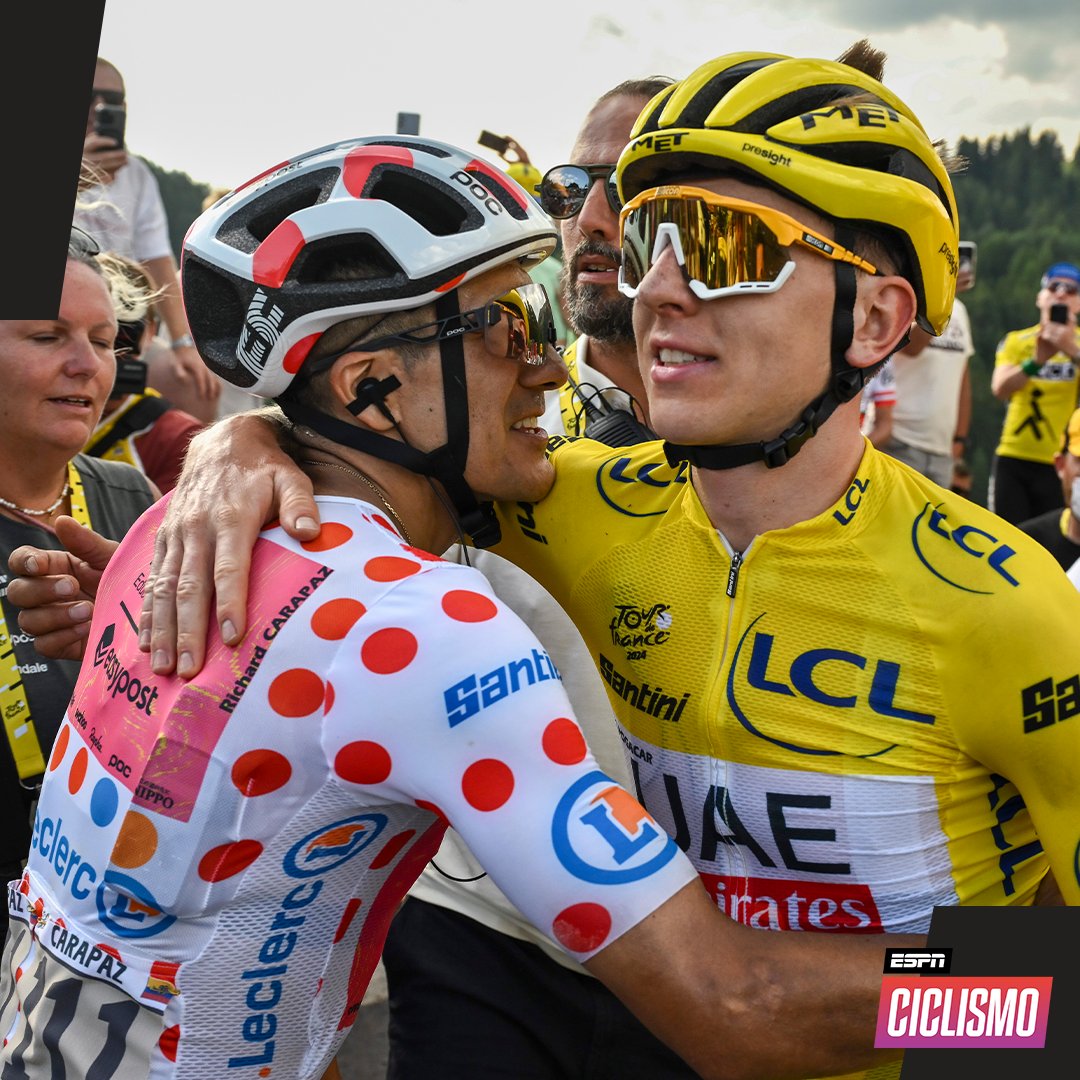 ESPNCiclismo's tweet photo. Estos sí que son C A P O S 🫂

Richard #Carapaz y Tadej #Pogacar se felicitaron al terminar la etapa 20 del #TDF2024. El ecuatoriano se aseguró la clasificación de la montaña y el esloveno está a un día de volver a ganar el Tour. https://t.co/ki8lcYn18q