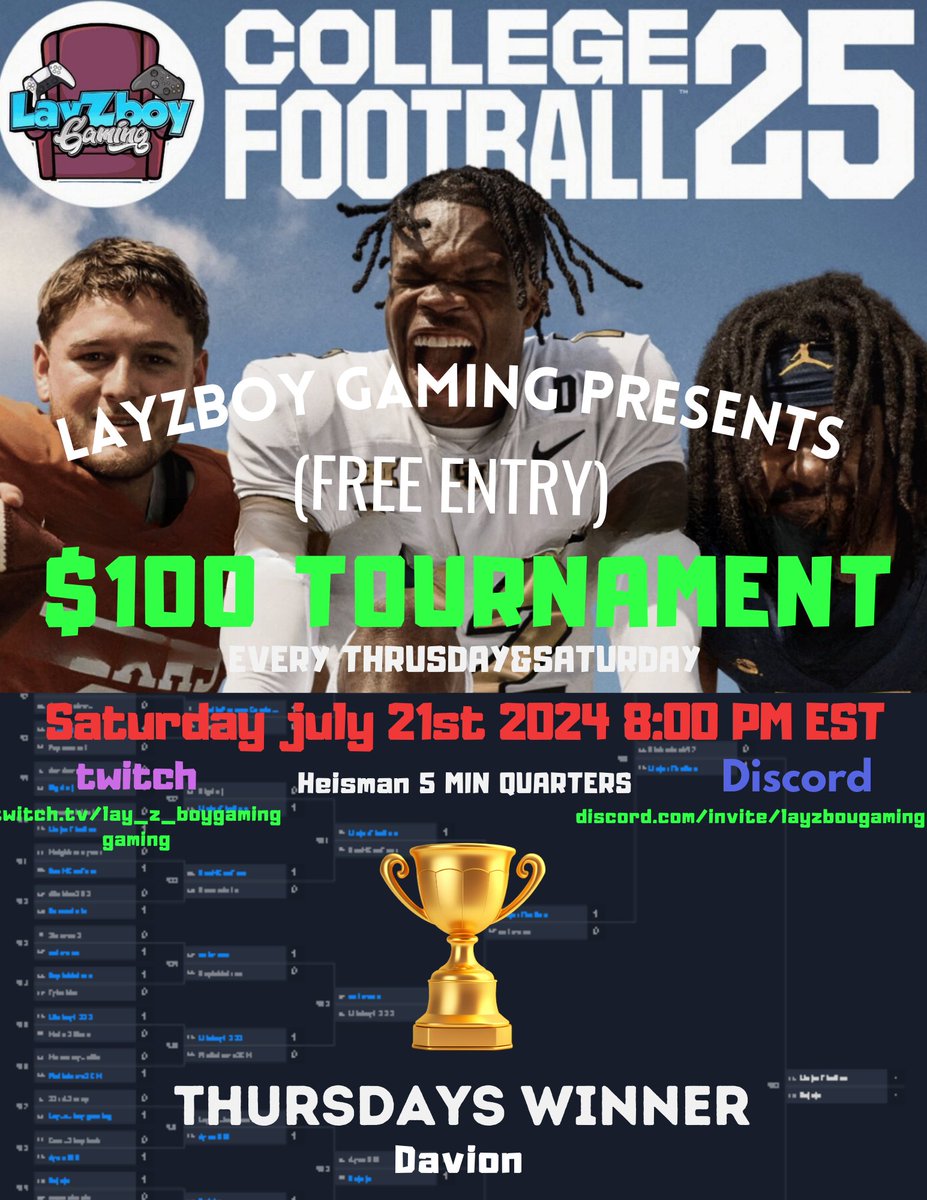 lay_z_boygaming's tweet photo. Saturday night FREE ENTRY CFB25 Tournament ( 110$ payout ). Discord ran, Active Madden discord, friendly games, wager games w/mm, weekly free entry tournaments. Join discord in bio https://t.co/Xznw5fn2vF