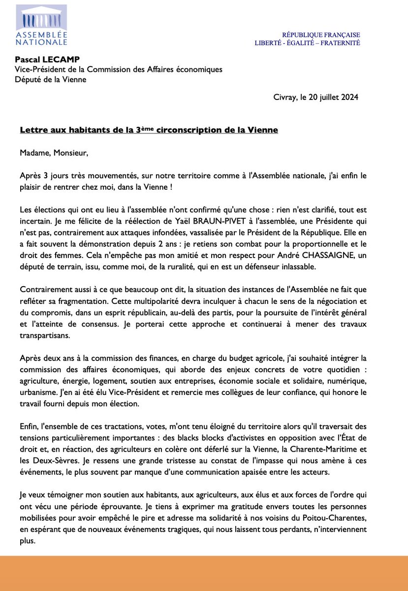 plecamp's tweet photo. ✉️Retour sur ces 3 jours agités dans une lettre aux citoyens de la 3ème circonscription. Un appel à la responsabilité. 

#Poitou
#Villagedeleau 
#ANdirect https://t.co/uNUf3sZWAl
