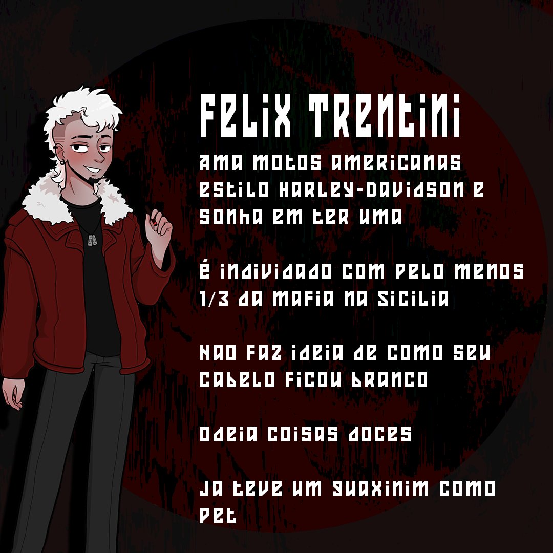 CONHEÇA NOSSOS HEROIS

Felix é amante de Motos e Guaxinim, porem tem uma divida com as máfias italianas, Felix sera interpretado por <a href="/chilenaoexiste/">☀</a>, conheça ele e os demais AMANHÃ AS 19 HORAS

Artes: <a href="/Llim_3my/">Llim_3my</a> 
Mestre: <a href="/Mol_Away/">MolAway</a>