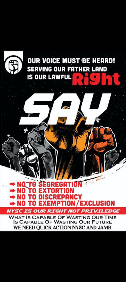 dc69_ry's tweet photo. @Ola_Fredd @Mercuryjnr003 @thatverydarkmnn @sowore @officialnyscng @NyscPadi @9jaCorpers @JAMBHQ @SaharaReporters @instablog9ja Say No to #segregation 
Say No to #extortion 
Say No to  #exemption 
Say No to #discrepancy 

#justiceforpolystudents
#wemustserve
#nysc #JAMBHQ #ministryofeducation https://t.co/6wMKQpAabP