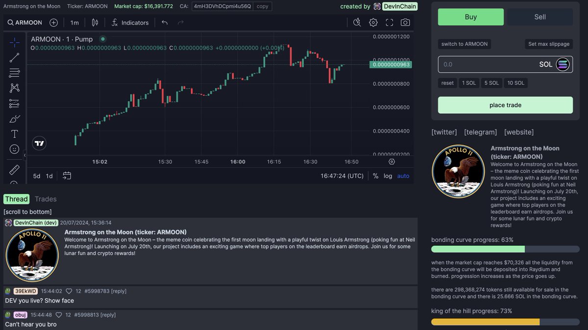 AlisonInChain's tweet photo. Armstrong on the Moon ($ARMOON) is off to a stellar start!

Our chart is looking healthy and strong. Join the fun, play the game, climb the leaderboard, and earn airdrops.

Let’s keep this momentum going!

https://t.co/0O1bXtR6PR

#pumpfun #solana #memecoin #moonday #apollo https://t.co/0iNfMBEkCq