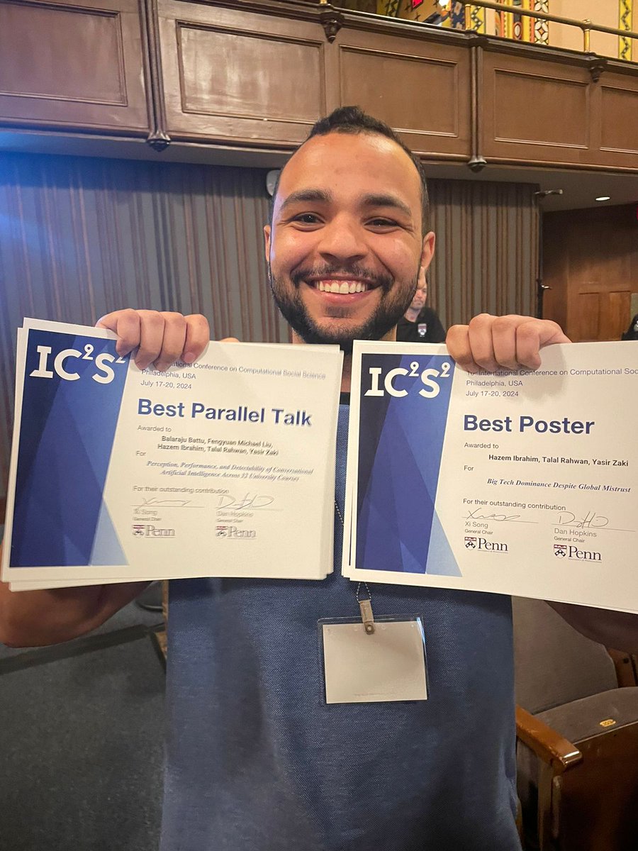 talalrahwan's tweet image. Our PhD student @hazemibr_ just got two awards @IC2S2: the Best Poster Award (about Big Tech dominance) AND the Best Presentation Award (about ChatGPT's performance on homework assignments) 🥳🎉@NYUAbuDhabi Here are the papers: shorturl.at/mU5EF, shorturl.at/m5DOC.