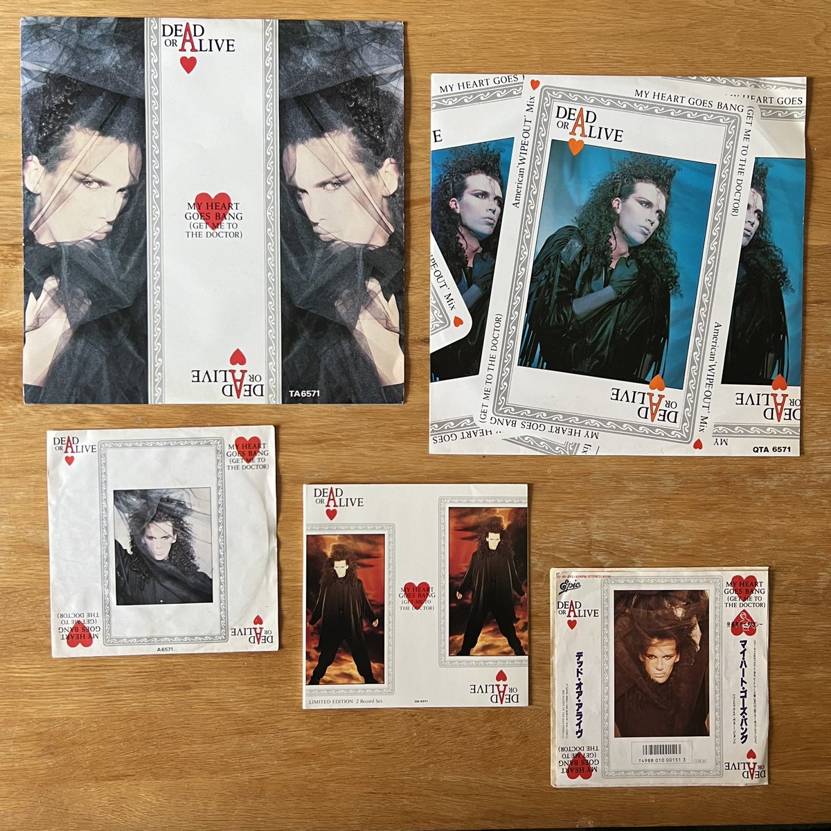 RetroPopBoy's tweet image. #StockAitkenWaterman single No 19 was Dead or Alive’s “My Heart Goes Bang (Get Me to the Doctor). It reached No 23 in the UK when released in Sept 85. Here are the two UK 12” editions, the UK standard and gatefold 7” singles and the Japanese 7”. #PWLCollection #PWL40 #PWL