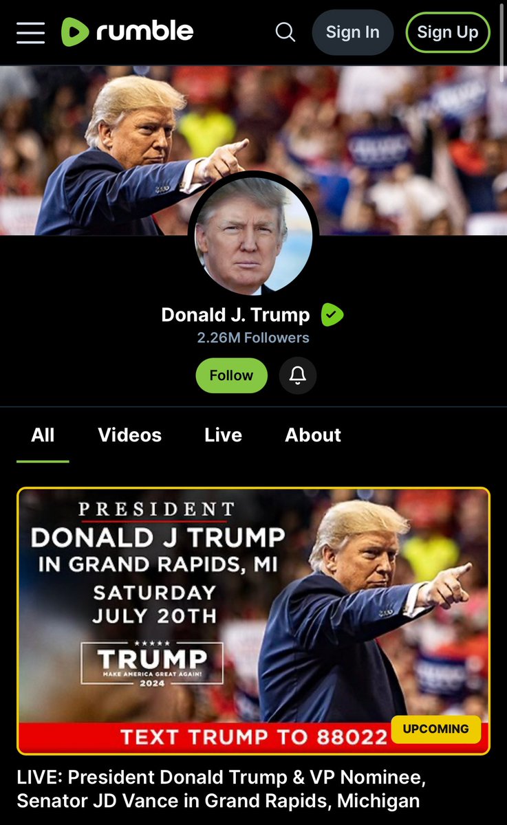 rumblevideo's tweet photo. The official account of President Donald J. Trump is on Rumble and will be streaming his rally in Grand Rapids, Michigan at 5pm ET.

Download our apps on your TV and phones to tune in for free. https://t.co/oEixp5bZgr