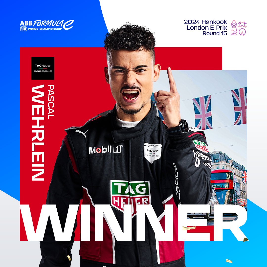 FIAFormulaE's tweet image. A NEW CHAMPIONSHIP LEADER!!! 🤯

With ONE race to go, @PWehrlein takes the lead of the Drivers’ Standings following a thriller in London! ⚡️

@Hankook_Sport #LondonEPrix