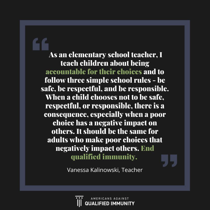 USAgainstQI's tweet photo. Government officials need to face consequences when they violate our Constitutional rights but due to immunity doctrines, like qualified immunity, victims of government abuse are prevented from receiving justice when their rights have been violated.
#endqi https://t.co/9Z7vGuK5oD