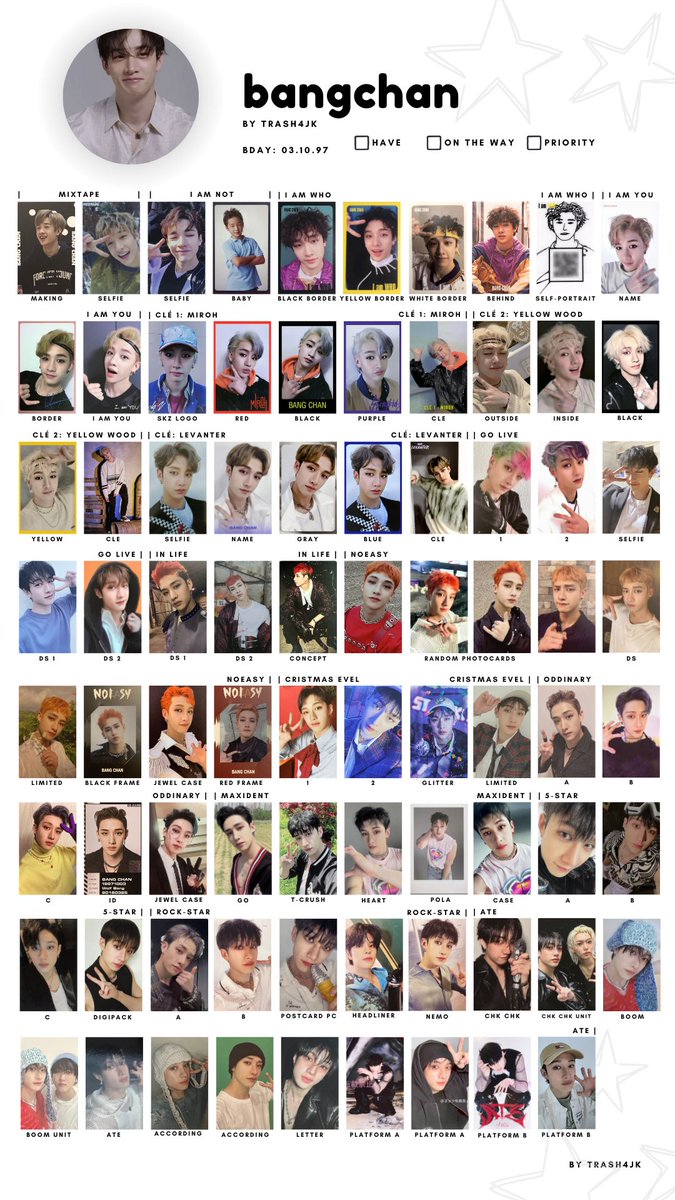 trash4jk's tweet photo. 🐰STRAY KIDS PC PHOTOCARD WISHLIST TEMPLATE 🐰

! by member + all album photocard inclusion 

[updated July 20th 2024] 

members - bangchan, leeknow, changbin &amp; hyunjin 

#straykidsphotocards #straykidstemplate #straykidswishlist #skztemplate #skzphotocards #skzwishlist https://t.co/VzseLKEJl9