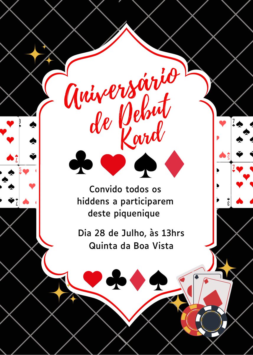Hello, we are K-A-R-D! 🃏

 Chamo todos os hiddens e kard stans para celebrarmos o aniversário de debut dos nossos latinos do kpop! Juntem-se a nós para comemorar com um piquenique colaborativo,escolha sua melhor carta do baralho para registrarmos  (photocard fanmade ou oficial)