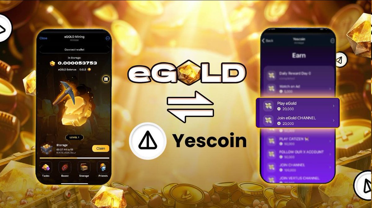 🌟 eGOLD (t.me/eGOLD_Mining_B…)  ✕  Yescoin (t.me/realyescoinbot) 👍

We are thrilled to shake hands with Yescoin (t.me/realyescoinbot)!  🔥 Our collaboration will mark a promising beginning for eGOLD (t.me/eGOLD_Mining_B…) and Yescoin (t.me/realyescoinbot) to
