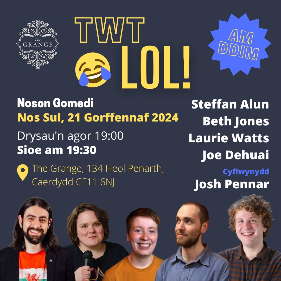 24 awr i fynd ⏳

⭐️ <a href="/bethjonescomedy/">Beth Jones Comedy</a>
⭐️ <a href="/StAlun/">Steffan Alun</a>
⭐️ Laurie Watts
⭐️ <a href="/JoeDehuai/">Joe Dehuai</a>
⭐️ <a href="/Harrithedobb/">Dobbsi</a>

Cysylltwch â thafarn <a href="/PubGrange/">The Grange Pub</a> i gadw sedd/bwrdd:  
📞 029 2025 0669
📨 info@thegrangecardiff.co.uk

#yagym #caerdydd #grangetown #cymraeg
