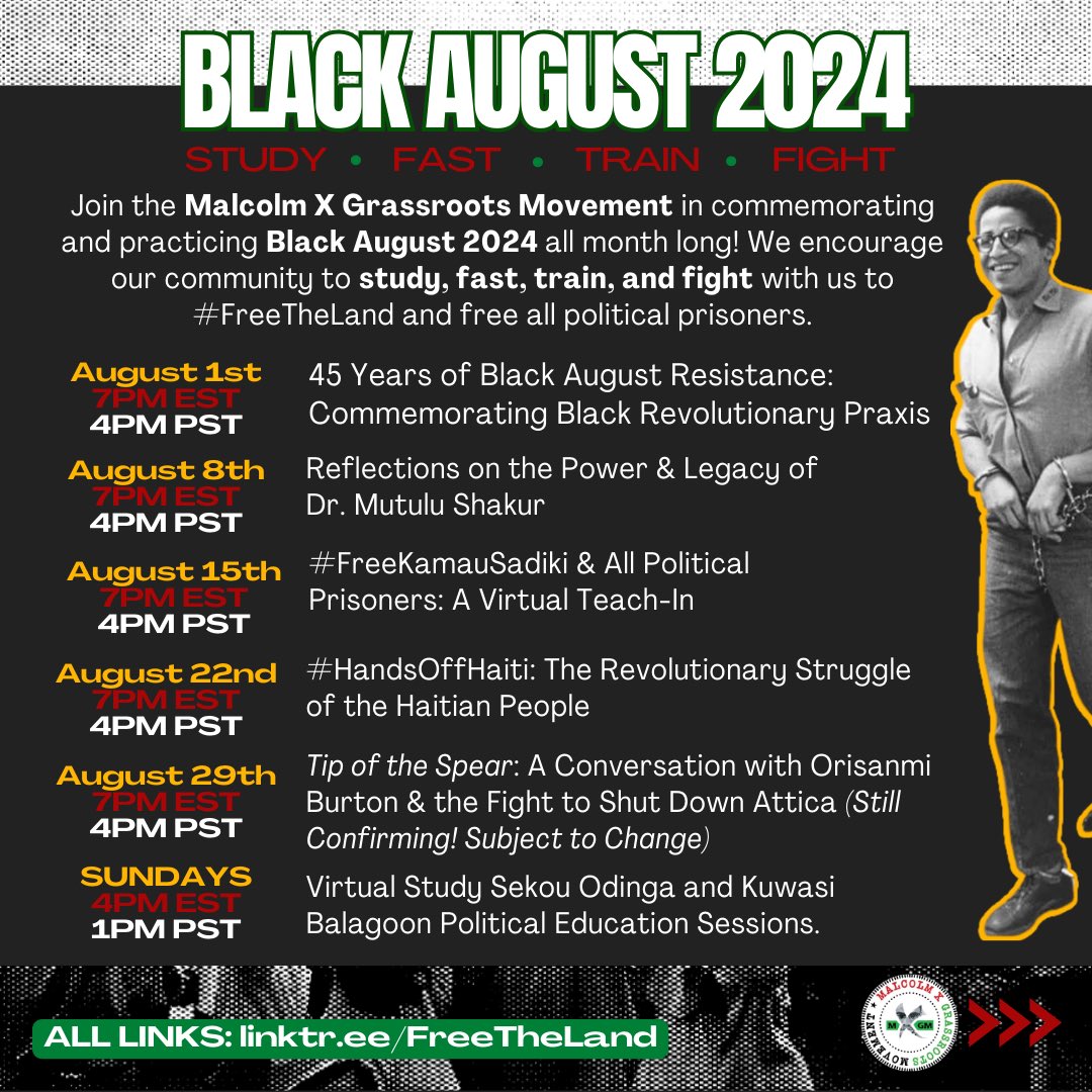 1/📣🐉✊🏿 We are thrilled to release the our Black August National Program. Join us for virtual discussions &amp; study on 45 years of #BlackAugustResistance; learn about #BlackAugust's origins, history, &amp; practice &amp; fight to free our political prisoners!

📍 linktr.ee/FreeTheLand