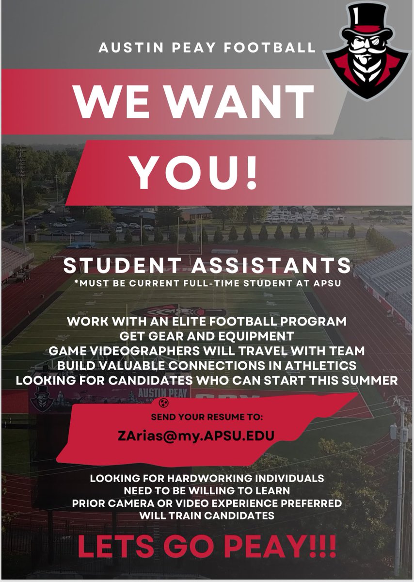 If anyone is interested in being a part of one of the fastest rising programs in college football this will be a great opportunity! #LetsGoPeay #StrongestCultureInCollegeFootball
🎩🔴⚫️👌🏼
<a href="/GovsFB/">Austin Peay Football</a> <a href="/austinpeay/">Austin Peay State University</a> <a href="/CoachFarisAPSU/">Jeff Faris</a>