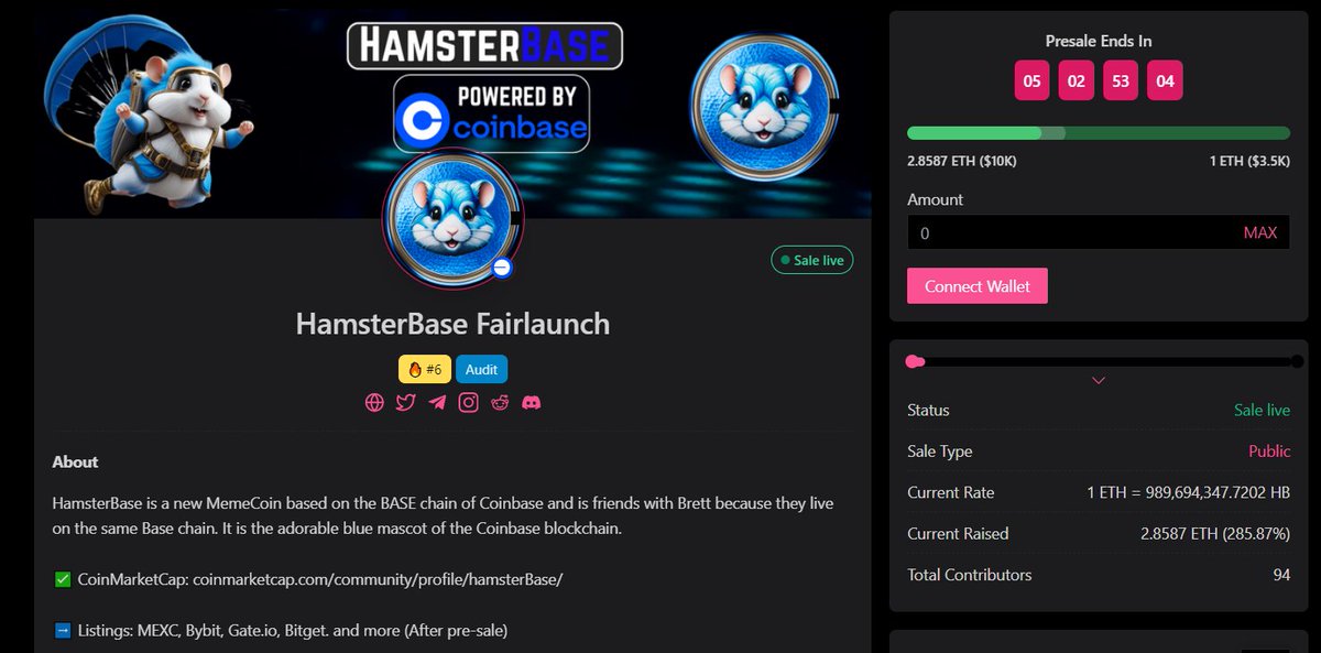 Hamster_Base's tweet image. ☑️Hello hamsters

✅The public sale of $HB TOKEN on PinkSale is online and ends on July 25 at 20:00 p.m. UTC

🔹BUY $HB TOKEN: pinksale.finance/launchpad/base…

Only chance

#HamsterBase #Airdrop #HamsterKombat #coinbase #Hamsters