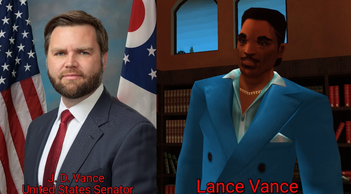 DBrockitt007's tweet photo. Has anyone ever notice This Grand Theft Auto Vice City Reference:
On the Left Is: [United States Senator J.D. Vance]
On the Right is [Lance Vance] is from (GTA Vice Stories) and (GTA Vice City)
@GhillieYT @RockstarGames
@xSYNNASTARRx https://t.co/BboL0GydDV