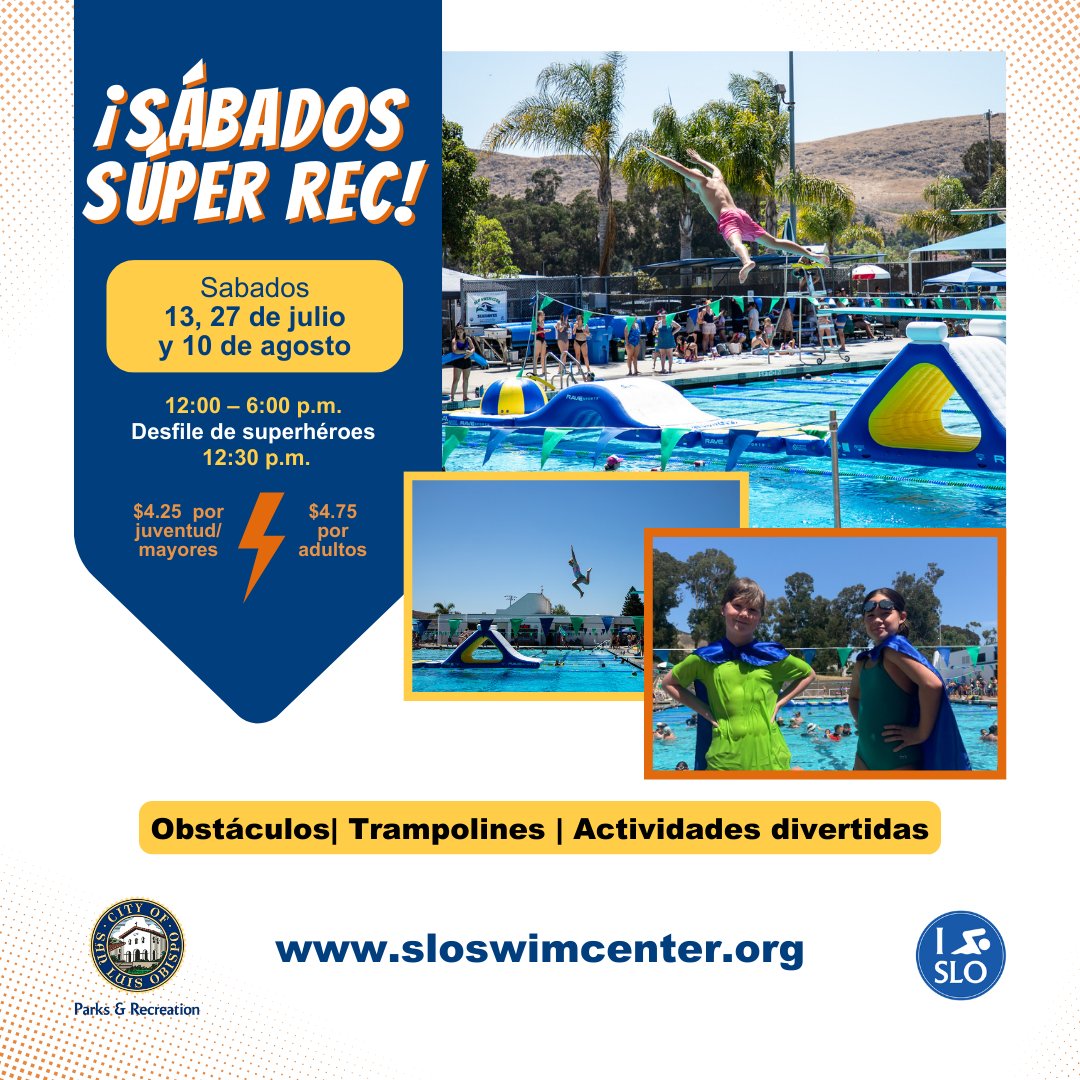 City_of_SLO's tweet photo. Join us at the SLO Swim Center in one week for Super Rec Saturday!
📍 SLO Swim Center, 902 Southwood Dr.
📅 July 27 and August 10
🕛️ 12 – 6 p.m. (superhero parade at 12:30 p.m.)
For more information, please visit https://t.co/FANQN6OhM9
#SLOParksandRec #SLOCity #SLO https://t.co/xGLmnb93ZK