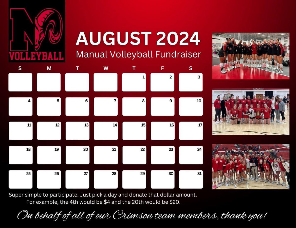 Kali would love your support as the Lady Crimsons Volleyball team kicks off their annual fundraisers. Pay the day on the calendar Venmo @ Sandy-Dearborn-1 and all funds go to Kali’s volleyball team.  Thank you for the support!! Go RAMS! Put in the comments what date you want. TIA